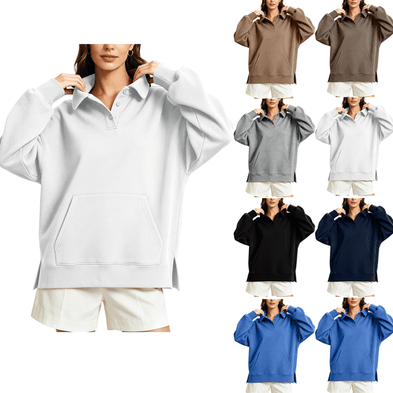 Fashion Sweatshirts for Women Oversized Sweatshirt Long Sleeve Button With Kangaroo Pocket Side Slit Loose Tops