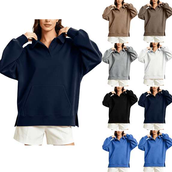 Fashion Sweatshirts for Women Oversized Sweatshirt Long Sleeve Button With Kangaroo Pocket Side Slit Loose Tops