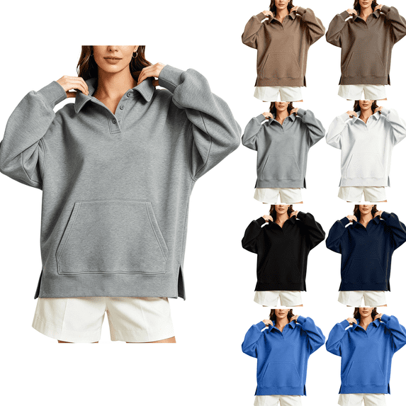 Fashion Sweatshirts for Women Plus Size Pullover Sweatshirt Long Sleeve Button With Kangaroo Pocket Side Slit Loose Tops