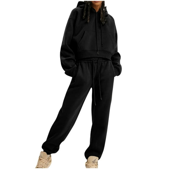 Fashion Sweatsuits for Women 2 Piece - Cropped Hoodie and Pant Sets Drawstring Tracksuit Sportswear Joggers Outfits (X-Large, Black)