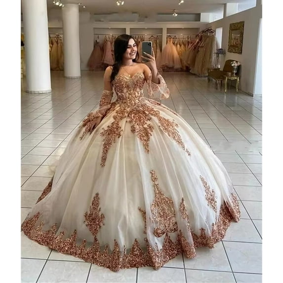 Fashion Sweetheart Quinceanera Dresses For 15 Party Fashion Detachable Sleeves Applique Formal Birthday Princess Gowns SKUSMK-off-White 2
