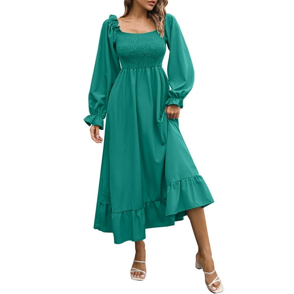 Fashion Swing Dresses for Womens 2026 Summer Plus Size Solid Color Casual Ruffled Square Neck Dress