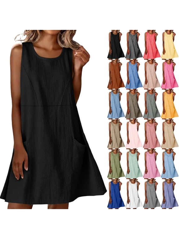 Fashion Swing Dresses for Womens 2026 Summer Plus Size Spring Sleeveless Round Neck Solid Color Loose Cotton and Linen Min Dress
