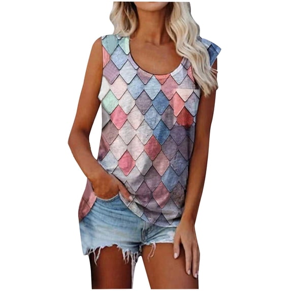 Fashion T Shirts For Women 2023 Crewneck Sleeveless Tank Color Block Casual Shirt Loose Fitting Tunic Blouse Pullover Graphic Casual Tee Shirt Clearance Sale Items Cheapeast Thing On Sale