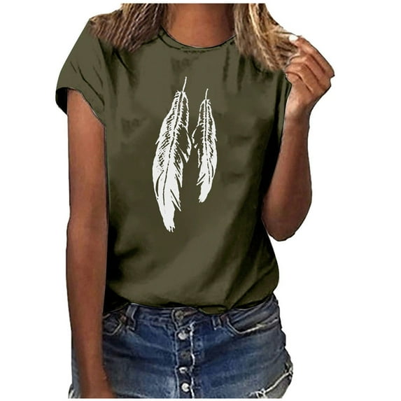 Fashion T Shirts for Women Feahter Print T Shirts Short Sleeve Loose Casual Shirts Regular Basic Tee Shirts Graphic Casual Tee Shirt My Order