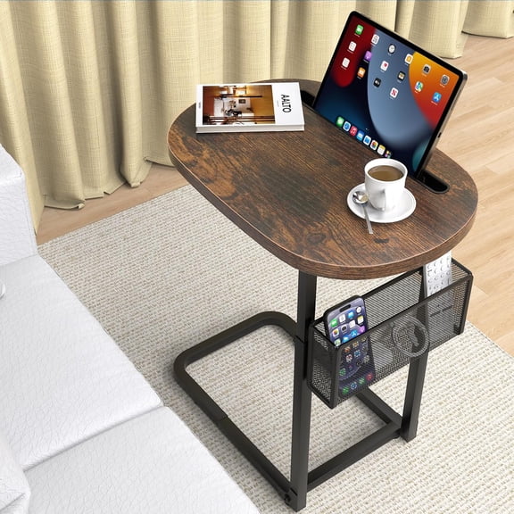 Fashion TV Tray with Large Tabletop, Adjustable Sofa Table with Baskets | Tv Dinner Couch Tray Table With Strong Metal Frame for TV Watching, Meals, Snacks, Oval, Brown,16.93inch x 12.6inch