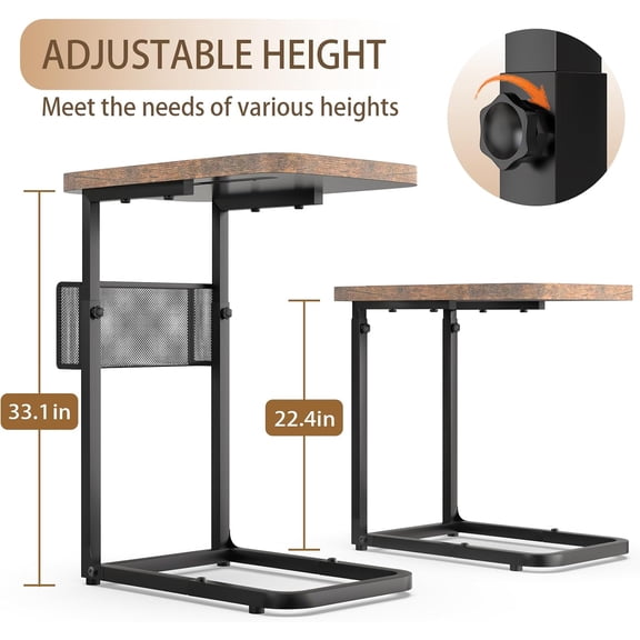 Fashion TV Tray Table with Large Tabletop, Adjustable Sofa Table with Storage Baskets, Strong Metal Frame, Tv Dinner Tray Table for TV Watching, Meals, Snacks (Square, Brown, 16.93inch x 12.6inch)