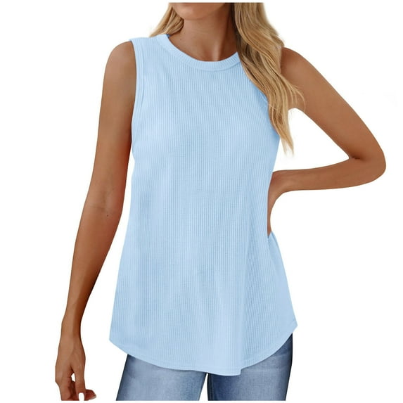 Fashion Tank Top Womens Waffle Rib-knit Sleeveless Tee Shirt Crew Neck Casual Solid Color Loose Fit Tunic Blouses (X-Large, Light Blue)
