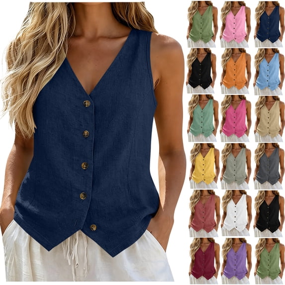 Fashion Tank Tops for Womens Oversize Botton Spring And Summer Casual Solid Color Imitation Cotton and Linen V-neck Top