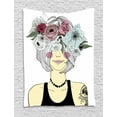 thumbnail image 1 of Fashion Tapestry, Hipster Girl with Tattoos Wearing Floral Headwear, Wall Hanging for Bedroom Living Room Dorm Decor, 60W X 80L Inches, Pale Yellow Multicolor, by Ambesonne, 1 of 2