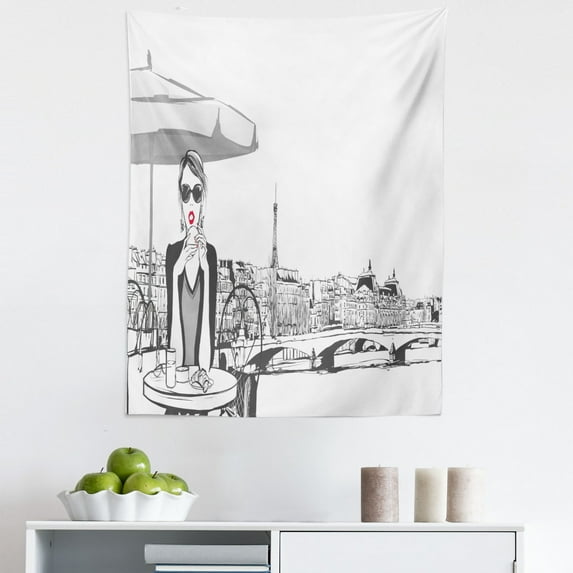 Fashion Tapestry, Monochrome Having Breakfast at Parisian Cafe Urban Sketch Panorama, Fabric Wall Hanging Decor for Bedroom Living Room Dorm, 5 Sizes, Charcoal Grey and Dark Pink, by Ambesonne