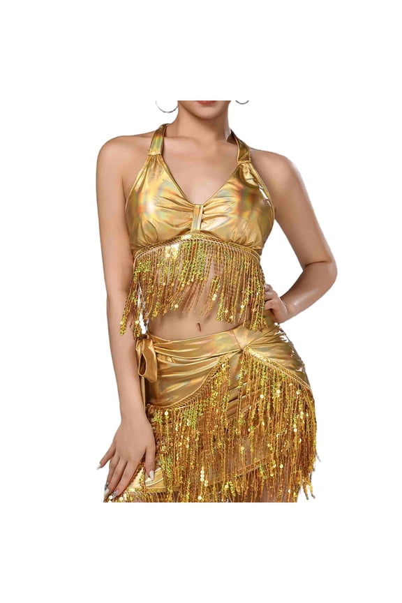 Fashion Tassel Crop Top for Women Sparkly Belly Dance Bra Backless Festival Rave Halter Top for Women