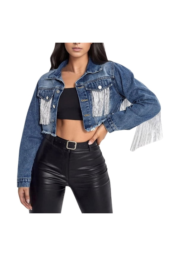 Fashion Tassel Denim Jackets For Women Y2K Streetwear Button Down Short Jean Coat Fall
