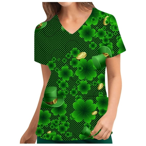 Fashion Tees for Womens Holiday Scrub Tops St. Patrick's Day Print Short Sleeve V Neck Tops Nursing Working Uniform