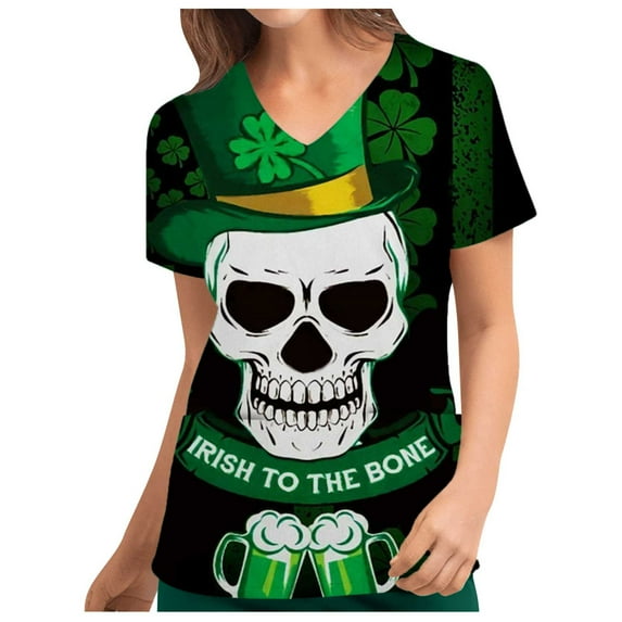Fashion Tees for Womens Holiday Scrub Tops St. Patrick's Day Print Short Sleeve V Neck Tops Nursing Working Uniform