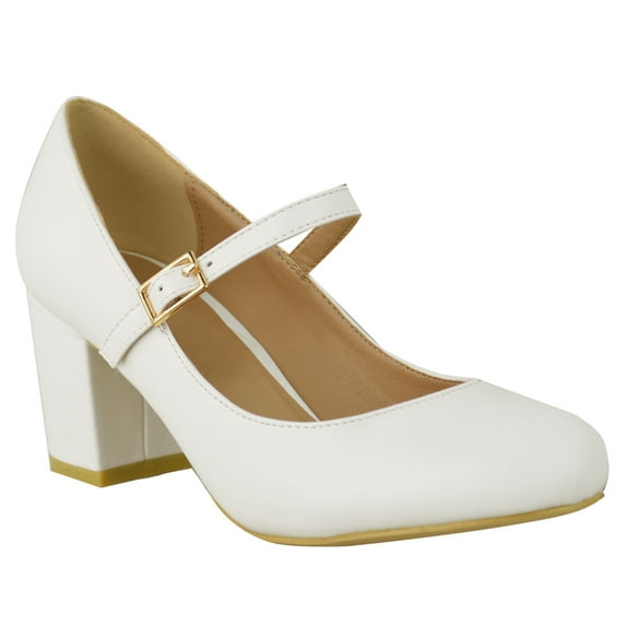 Fashion Thirsty Womens Ladies Mid Block Heels Ankle Strap with Buckle Shoes