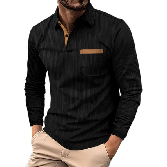 Fashion Top for Men - Classic Men's Long Sleeve Textured Shirt with Button Placket for Business Casual Wear Comfortable and Durable Fabric T-shirt,Black,XXL