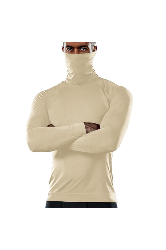 Fashion Top for Men - Men's High Neck Long Sleeve Solid Color Athletic Base Layer Shirt for Sports and Winter Training Comfort Fit T-shirt,Beige,L