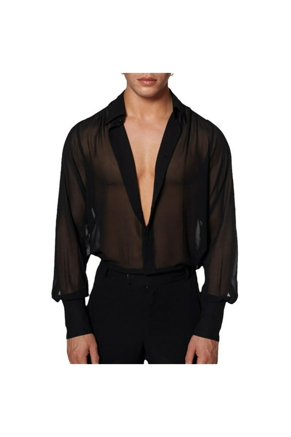 Fashion Top for Men - Men's Sheer Mesh Button Up Shirt Long Sleeve See Through Collared Top for Fashion Events and Casual Outings Casual Shirts,Black,S