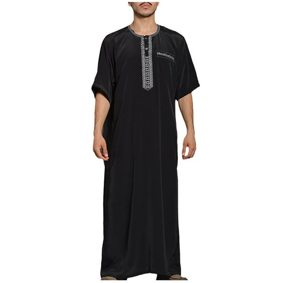 Fashion Top for Men - Men Kaftan Thobe Maxi Long Shirt Traditional Male Abaya Dubai Gown Comfortable Wear Slimming T-shirt,Black,S