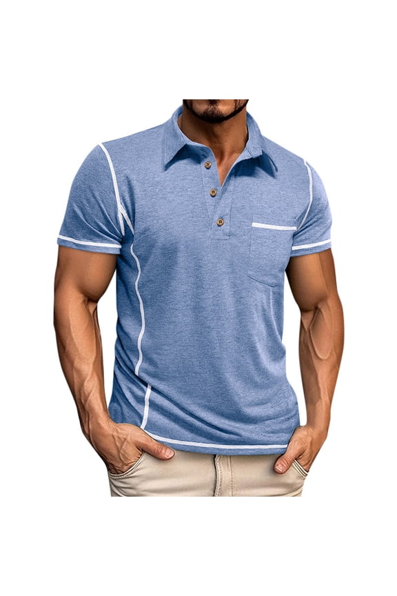 Fashion Top for Men - Men's Short Sleeve Tee with Contrast Letter Print and Stripe Chest Pocket for Casual Style Slimming T-shirt,Blue,XXL