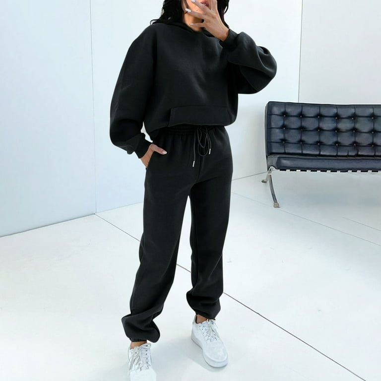 Fashion Tracksuit Sets Women Plus Size Hoodies Drawstring Sweatpants Jogging Sport Suits Lounge Sets M Black