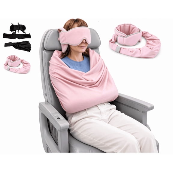 Fashion Travel Pillow with Eye Mask, 3-in-1 Airplane Sleep Support for Women, Portable Neck Pillow with Head Strap, Sleeper Hold for Flight Car Train(Pink)