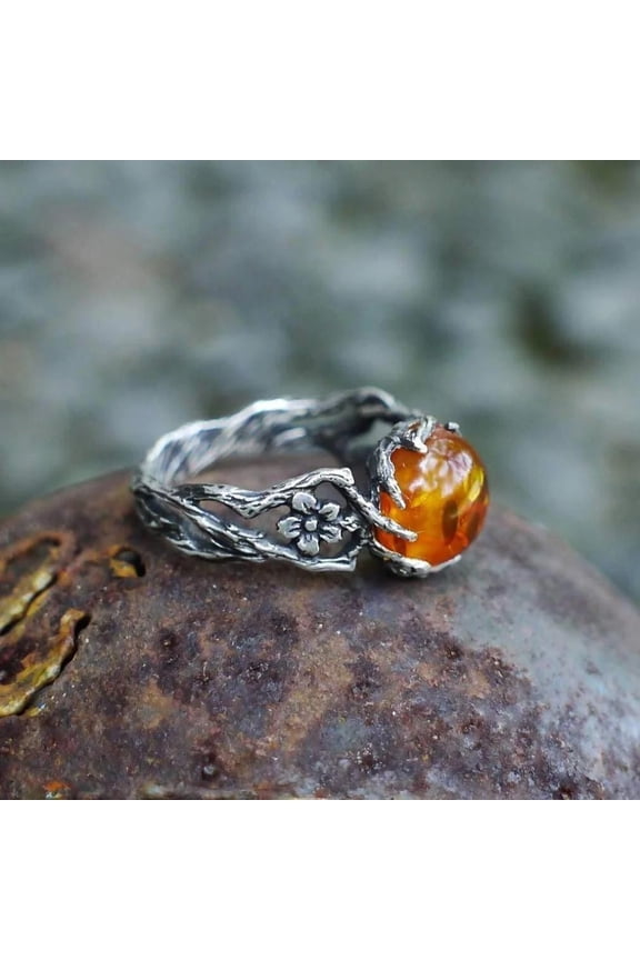 Fashion Trend Retro Amber Stone Women's Ring Flower Branch Jewelry Street Niche Party Party Finger Ring Accessories
