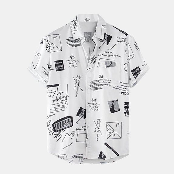 Fashion Turn Down Short Sleeve Button Men Casual Printed Shirt White XXL