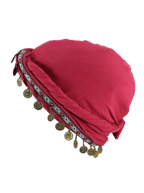 Fashion Twist Tail Hat for Adult Breathable Braid Hat with Coin Trim Breathable Turban Hat Outdoor Camping Hiking Hat