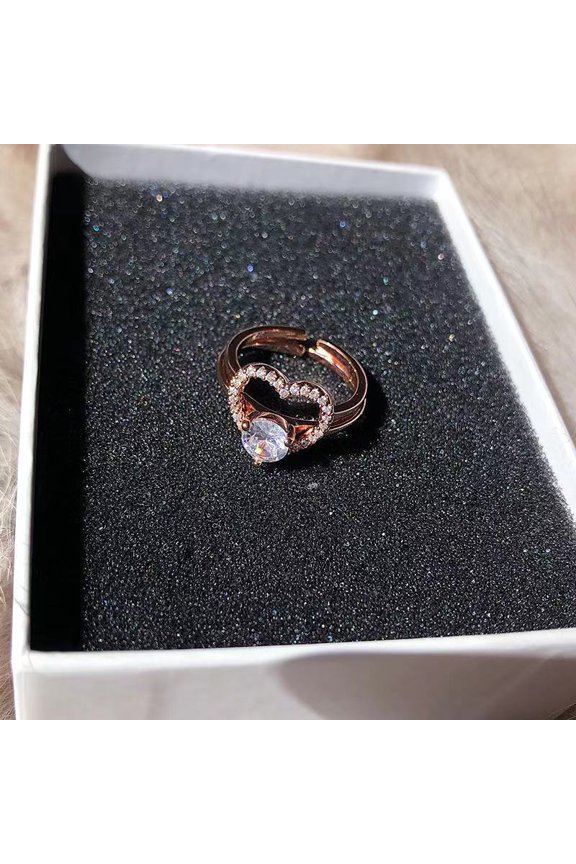 Womens Two In One Love Ring Set Adjustable Alloy Ring with Zircon Inlay Rhinestone Decor Fashion Jewelry Gift for Her