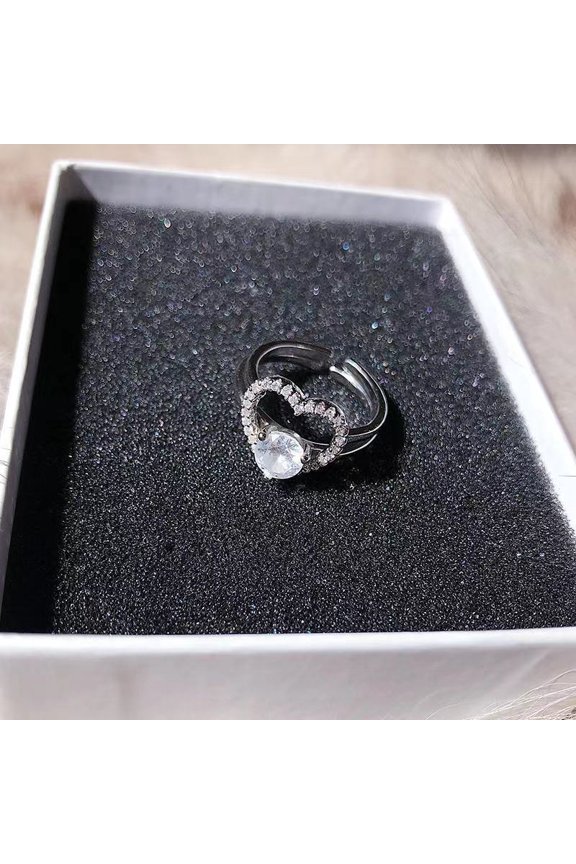 Womens Two In One Love Ring Set Adjustable Alloy Ring with Zircon Inlay Rhinestone Decor Fashion Jewelry Gift for Her