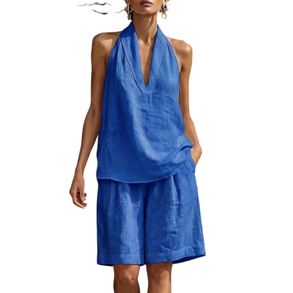 Fashion Two Piece Outfit Sets for Women Casual Plus Size 2026 Round-Neck Sleeveless And Short Pants Solid Casual 2PC Outfit Sets