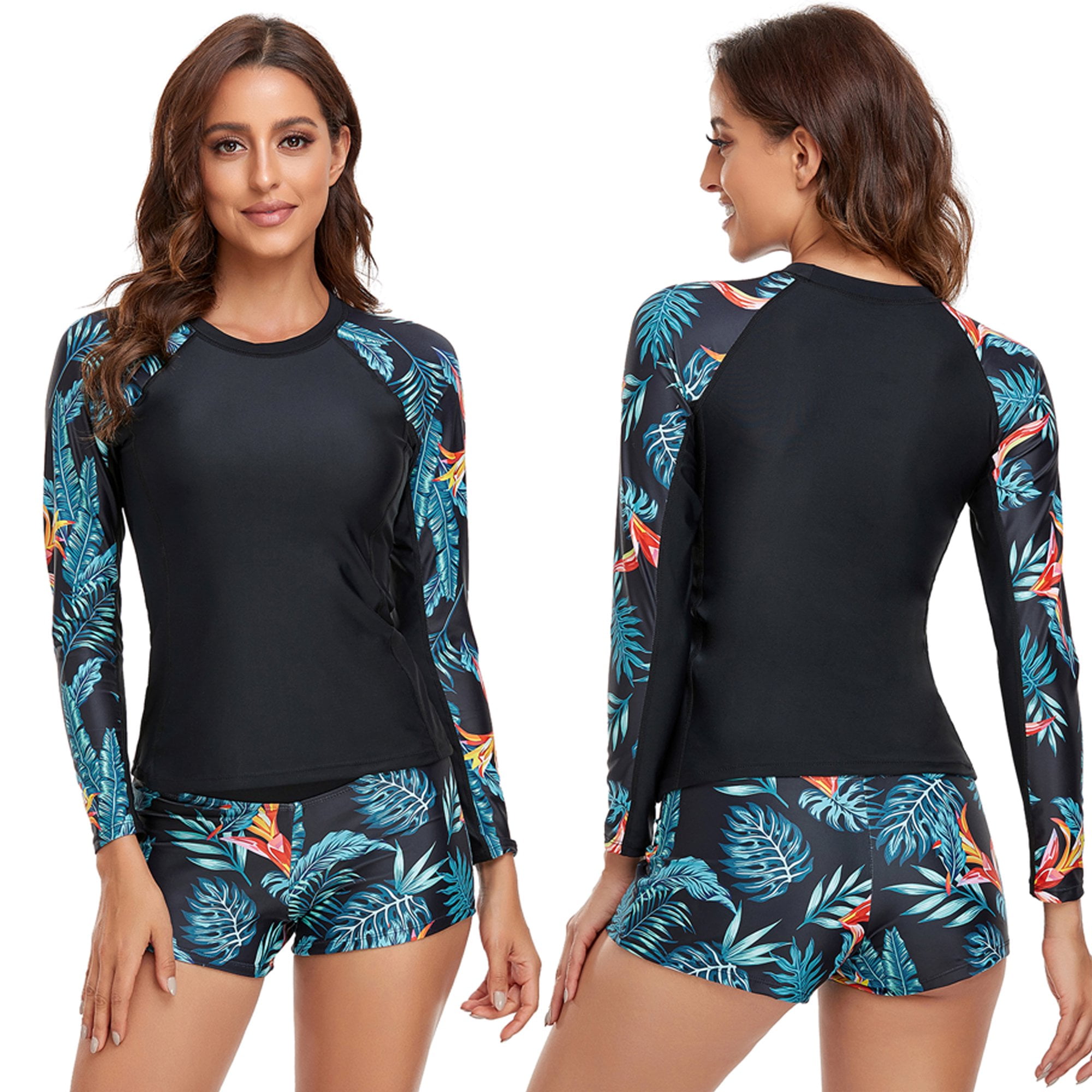 Fashion Two Piece Rash Guard Long Sleeve Bathing Suits Women Swimsuit Top  with Swim Short Tankini Set UV UPF 50+