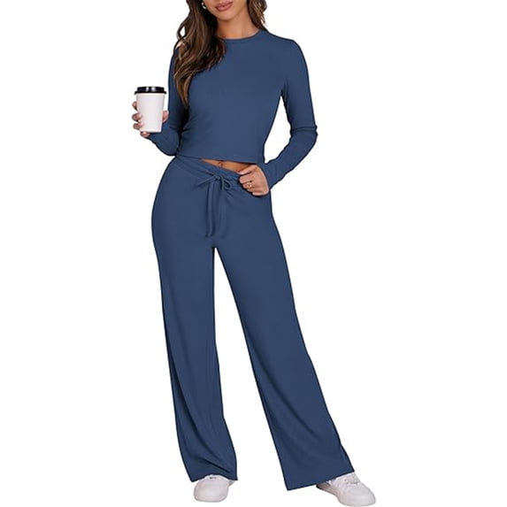 Fashion Two Piece Sets for Women 2 Piece Sporty Sets Long Sleeve Crop Tops Flare Pants Ribbed Knit Matching Pajamas Set Fall Outfits Presents for Womens