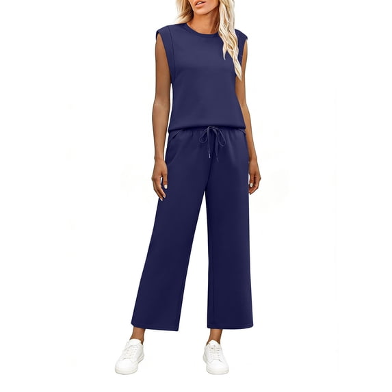 Fashion Two Piece Sets for Women Casual Plus Size 2026 Solid-Color Sleeveless Button-Down Casual Top With Round Neck Designed For Relaxed Vacation Wear Round-Neck Top / Shirt Set