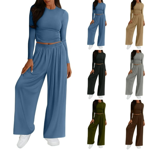 Fashion Two Piece Sets for Women Ladies Solid Color Casual Suit Long Sleeved Crop Top Comfortable High Waist Wide Leg Casual Pants Presents for Womens