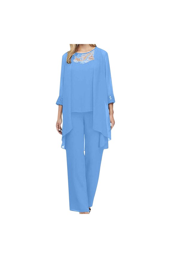 Fashion Two Piece Sets for Women Plus Size Solid Color Long Sleeved Round Neck Loose Lace Chiffon Pants Cape Three Piece Set Including Cardigan Gifts for Womens
