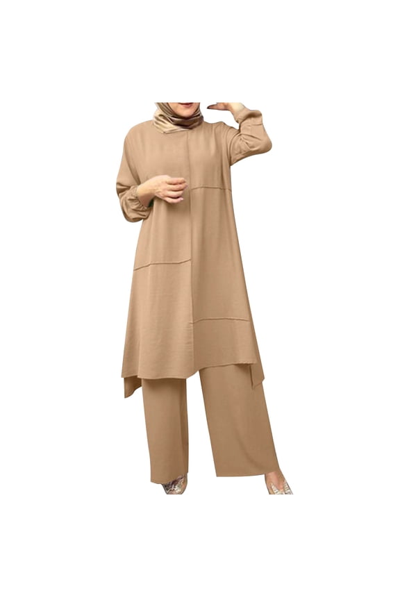 Fashion Two Piece Sets for Women Plus Size Spring Solid Color Muslim Solid Color Long Sleeve Shirt Coat Wide Leg Trousers Casual Suit Gifts for Womens