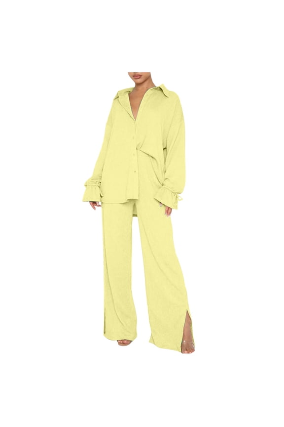 Fashion Two Piece Sets for Women Plus Size Spring And Summer Long-Sleeved Loose Pleated Wide-Leg Pants Two-Piece Casual Suit Gifts for Womens