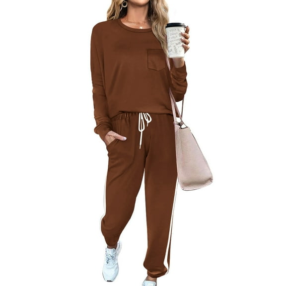 Fashion Two Piece Sets for Women Plus Size Two-piece Sets Solid Long Sleeve Round Neck Tops Shirt And Drawstring Long Pants Suit Gifts for Womens
