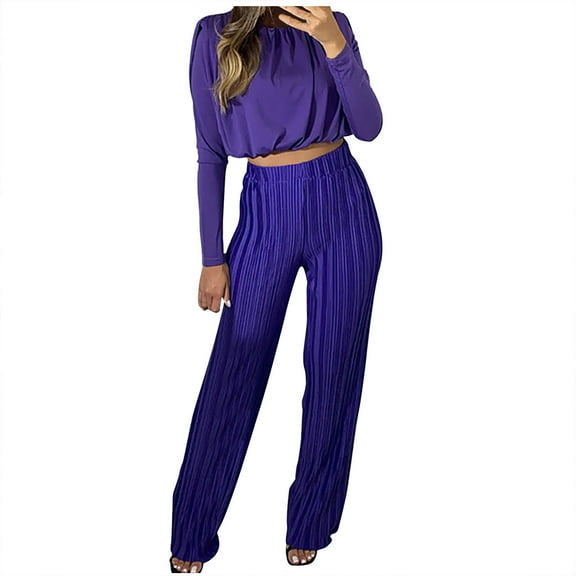 Fashion Two Piece Sets for Women Plus Size Casual Color Long-Sleeve Round-Collar Tops High Waist Pants Suits Gifts for Womens