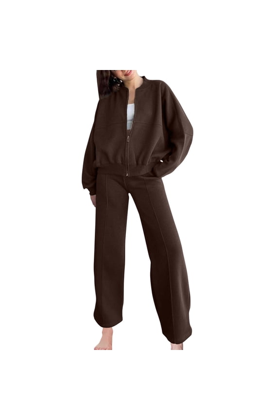 Fashion Two Piece Sets for Women Plus Size Solid Color Zippered Cardigan Sweater Casual Straight Leg Pants Set Gifts for Womens