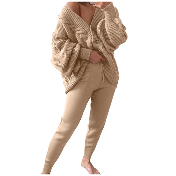 Fashion Two Piece Sets for Women V-neck Solid Sweater Set Knitted Cardigan Coat Pants Two Piece Set Presents for Womens