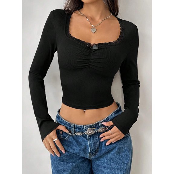 Fashion U-neck Lace Trim Bow Sexy T-shirt Cute Women Corset Autumn Long Sleeve Slim Baby Tees Black Streetwear Basic Y2k Clothes