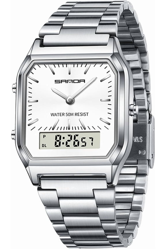Fashion Unisex Digital Analog Watch Business Casual Multifunctional LED Electronic Wristwatch Stainless Steel Band with Dual Display,Alarm, Luminous Backlight