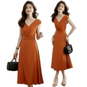 Fashion V-Neck Dress Summer Slim Thin Korean Half-Sleeved Black 2Xl Gentle Wind Fairy Classical Leisure