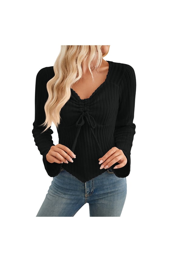 Fashion V Neck Pleated Flared Sleeve Knit Top