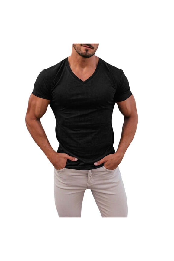 Fashion V-Neck T-shirt Men Cotton Slim Fit Short Sleeve T Shirt Male Fitness Workout Tees Summer Bodybuilding Gym Clothing
