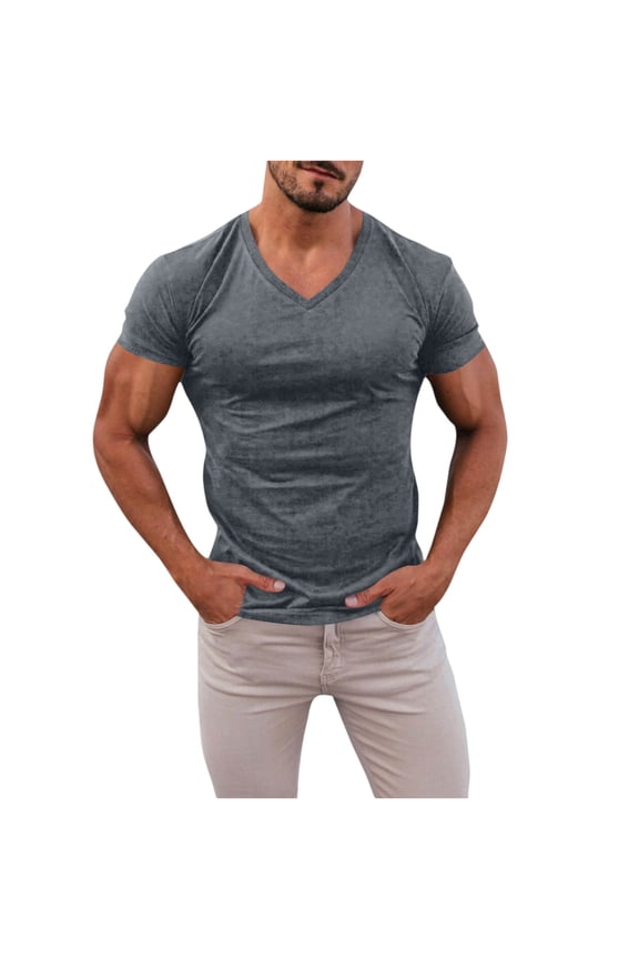 Fashion V-Neck T-shirt Men Cotton Slim Fit Short Sleeve T Shirt Male Fitness Workout Tees Summer Bodybuilding Gym Clothing